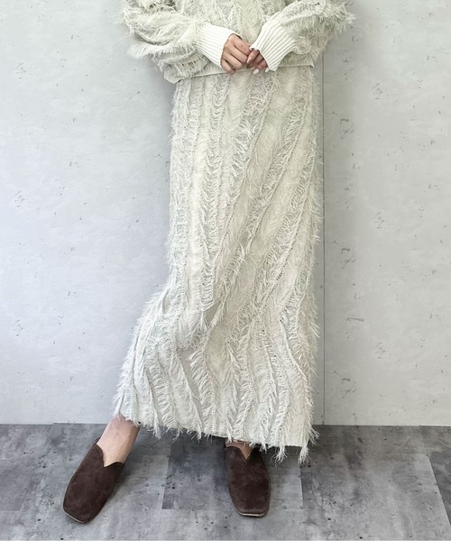 Per sist ence(パーシエンス)の「麻タッチフリンジニットストレートスカート/春ニット(スカート・レディース・ブラック/アイボリー/ベージュ系・FREE)」の9枚目の写真