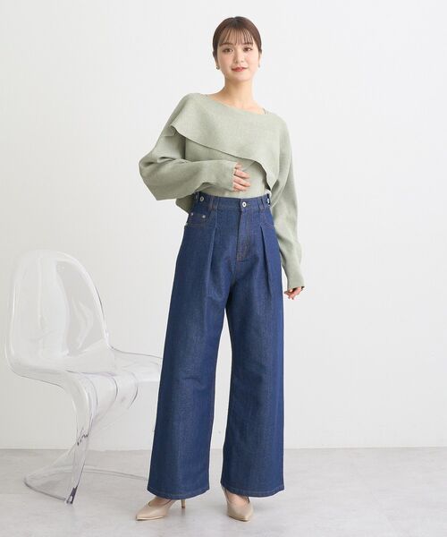 AnneCoquine ストレッチラメデニムタックバギーパンツ ラメインディゴ