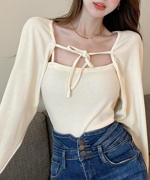 Jasmine Grandiflorum（ジャスミングランディフローラム）の「【Jasmine】アンサンブル ニットキャミソール+カーディガン（アンサンブル・レディース・ブラック/オレンジ/ホワイト/グリーン・FREE）」の2枚目の写真