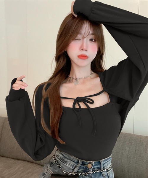 Jasmine Grandiflorum（ジャスミングランディフローラム）の「【Jasmine】アンサンブル ニットキャミソール+カーディガン（アンサンブル・レディース・ブラック/オレンジ/ホワイト/グリーン・FREE）」の16枚目の写真