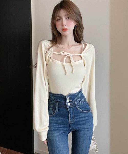 Jasmine Grandiflorum（ジャスミングランディフローラム）の「【Jasmine】アンサンブル ニットキャミソール+カーディガン（アンサンブル・レディース・ブラック/オレンジ/ホワイト/グリーン・FREE）」の5枚目の写真