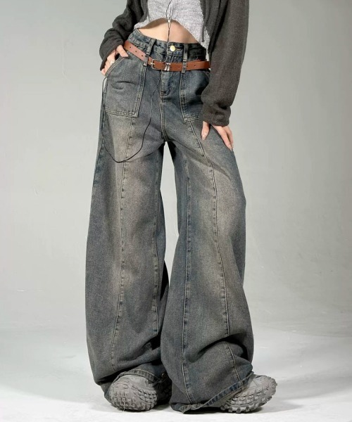mushwear(マッシュウェア)の「Distressed Washed Wide-leg Stitch Work Jeans(デニムパンツ・メンズ・ブルー・X-LARGE/LARGE/SMALL/MEDIUM)」の1枚目の写真