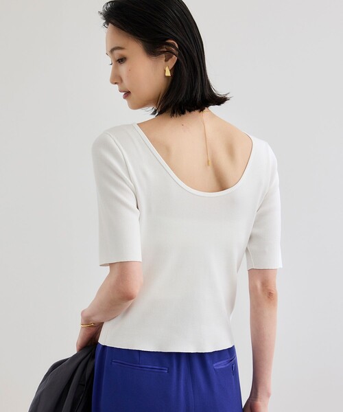 ROPE'（ロペ）の「【洗える】テレコ5分袖ニットプルオーバー（ニット/セーター・レディース・ブラック/ブラウン/ホワイト・FREE）」の2枚目の写真