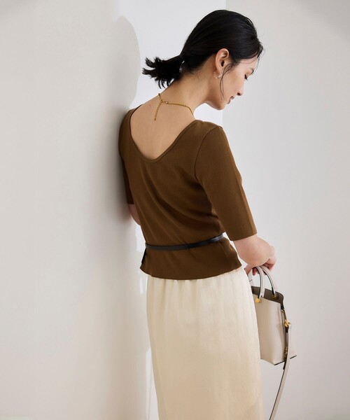 ROPE'（ロペ）の「【洗える】テレコ5分袖ニットプルオーバー（ニット/セーター・レディース・ブラック/ブラウン/ホワイト・FREE）」の5枚目の写真