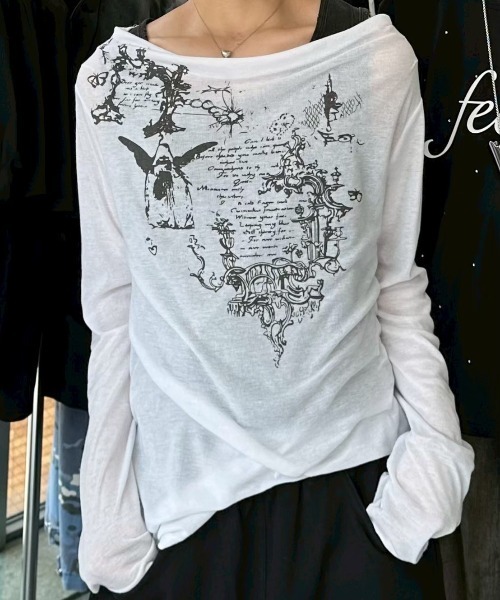 XU(エックスユー)の「【Never mind the XU】see-through loose long sleeve tee / 【ネバーマインド ザ エックスユー】シースルールーズプリント長袖Tシャツ(Tシャツ/カットソー・レディース・ホワイト・ONE SIZE)」の5枚目の写真