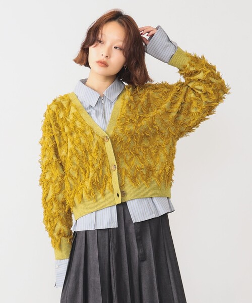 Ray BEAMS（レイビームス）の「カット ジャカード フリンジ Vネック カーディガン（カーディガン/ボレロ・レディース・ブラック/オフホワイト/イエロー・ONE SIZE）」の3枚目の写真