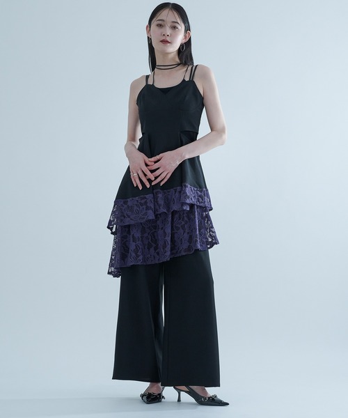 Ellno de Mavie(エルノデメヴィ)の「アシメレイヤードレースワイドパンツ/SETUP対応(スラックス・レディース・ストライプ/ブラック・FREE)」の4枚目の写真
