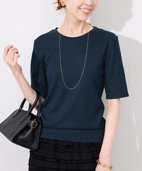 SLOBE IENA（スローブイエナ）の「《汗染み防止/抗菌防臭》リブプルオーバー（Tシャツ/カットソー・レディース・カーキ/ホワイト/ベージュ/ネイビー・FREE）」の4枚目の写真