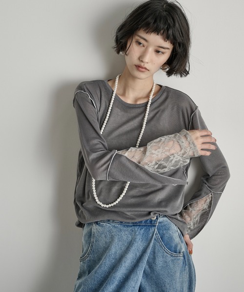 セール】袖レースレイヤードシアーロングスリーブPO（Tシャツ