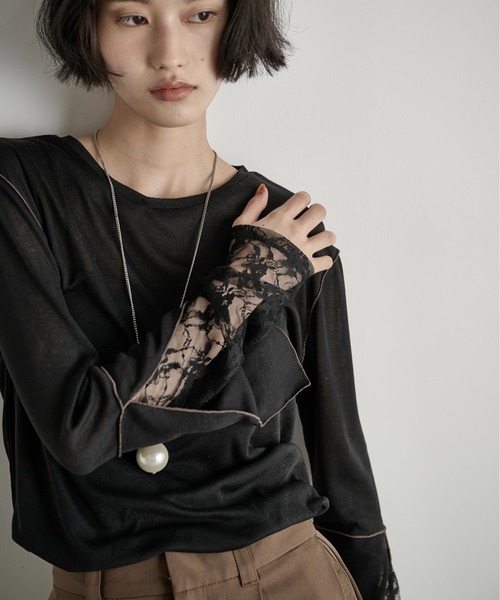 THE YOn（ザヨン）の「袖レースレイヤードシアーロングスリーブPO（Tシャツ/カットソー・レディース・オフホワイト/ブラック/グレー・FREE）」の17枚目の写真