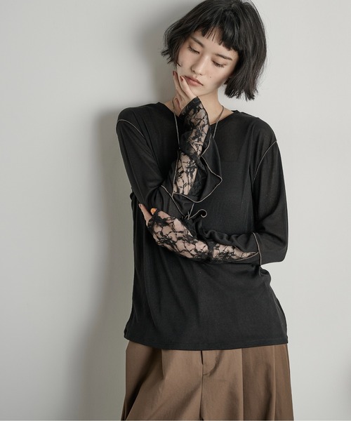 THE YOn（ザヨン）の「袖レースレイヤードシアーロングスリーブPO（Tシャツ/カットソー・レディース・オフホワイト/ブラック/グレー・FREE）」の13枚目の写真