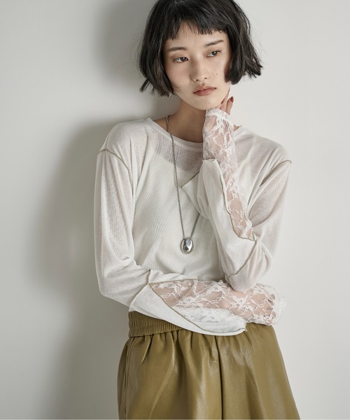 THE YOn（ザヨン）の「袖レースレイヤードシアーロングスリーブPO（Tシャツ/カットソー・レディース・オフホワイト/ブラック/グレー・FREE）」の22枚目の写真