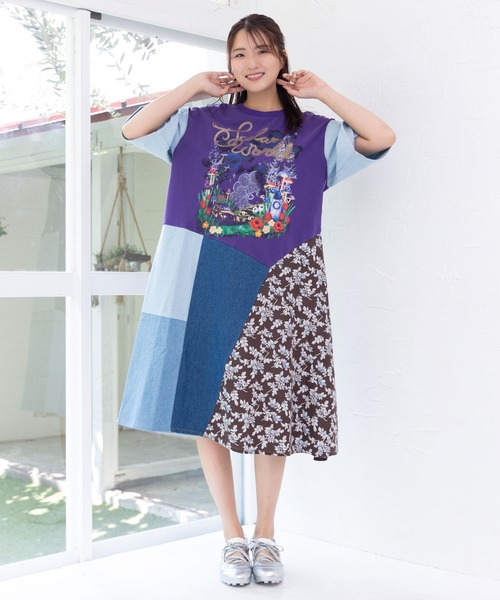 セール】152757：リメイク風デニム切替 花柄ワンピース