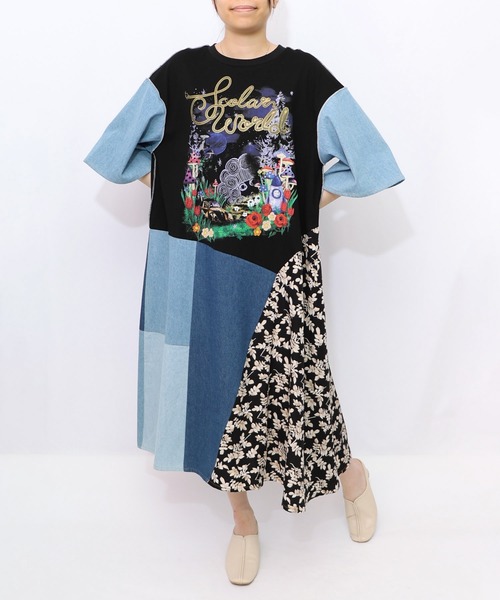 セール】152757：リメイク風デニム切替 花柄ワンピース