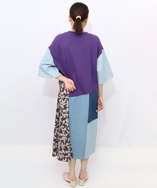 セール】152757：リメイク風デニム切替 花柄ワンピース