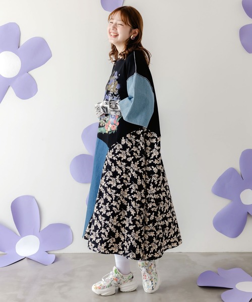 セール】152757：リメイク風デニム切替 花柄ワンピース