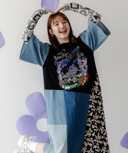 セール】152757：リメイク風デニム切替 花柄ワンピース