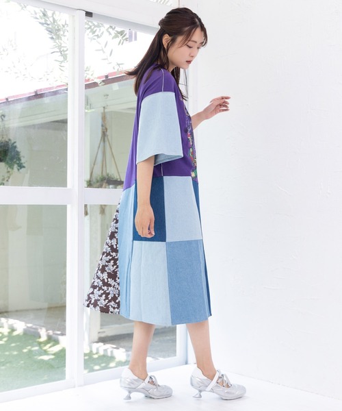 セール】152757：リメイク風デニム切替 花柄ワンピース