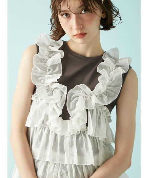 LILY BROWN(リリーブラウン)の「フリルドッキング2wayトップス(Tシャツ/カットソー・レディース・グレー/ホワイト/ブラック・F)」の4枚目の写真