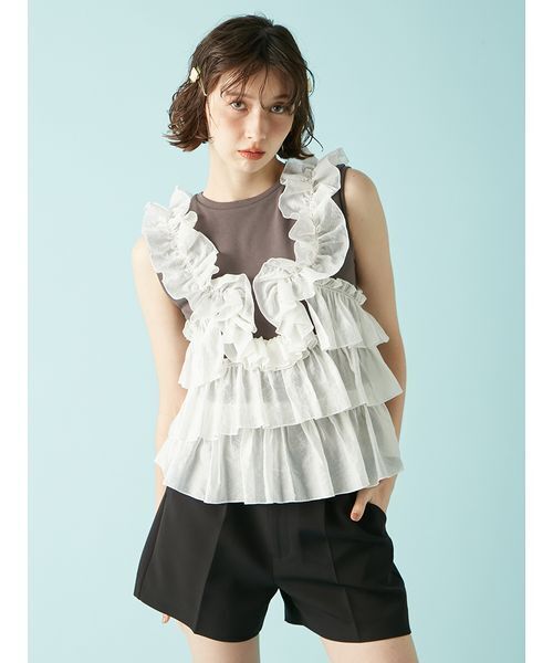 LILY BROWN(リリーブラウン)の「フリルドッキング2wayトップス(Tシャツ/カットソー・レディース・グレー/ホワイト/ブラック・F)」の5枚目の写真