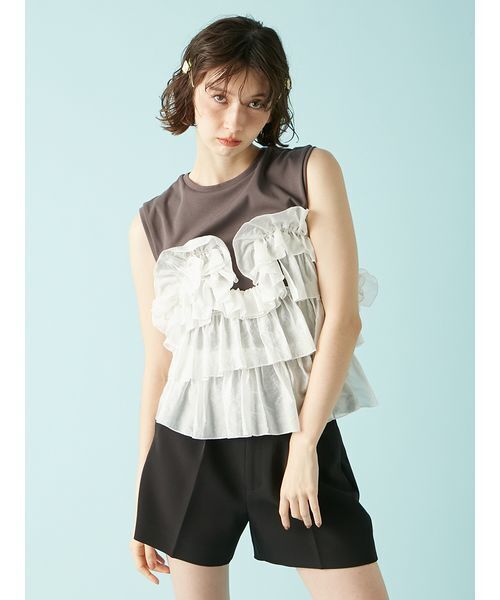 LILY BROWN(リリーブラウン)の「フリルドッキング2wayトップス(Tシャツ/カットソー・レディース・グレー/ホワイト/ブラック・F)」の12枚目の写真