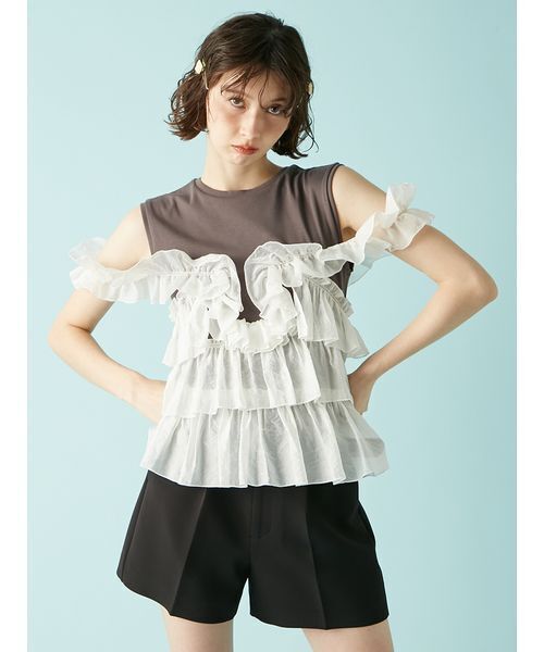 LILY BROWN(リリーブラウン)の「フリルドッキング2wayトップス(Tシャツ/カットソー・レディース・グレー/ホワイト/ブラック・F)」の1枚目の写真