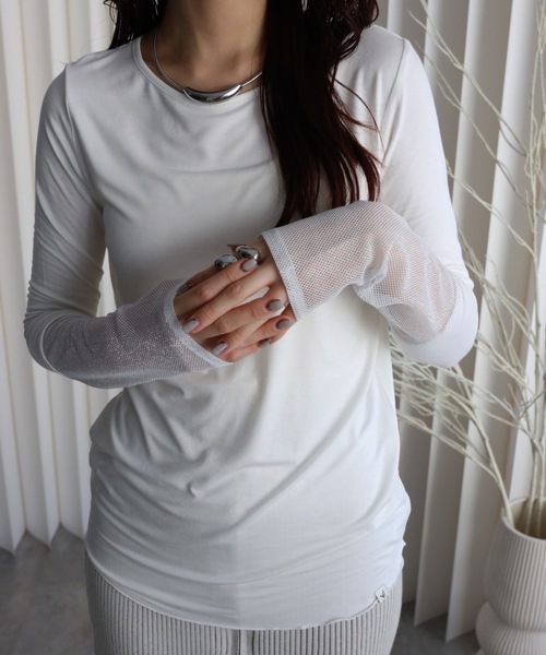 YENNA（イェンナ）の「【ロングスリーブTシャツ/メッシュ切替ロングTシャツ】選べる袖口（Tシャツ/カットソー・レディース・ブラック/ブラック系その他/ホワイト/ホワイト系その他・FREE）」の3枚目の写真