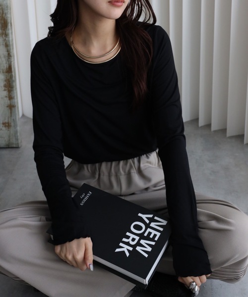 YENNA（イェンナ）の「【ロングスリーブTシャツ/メッシュ切替ロングTシャツ】選べる袖口（Tシャツ/カットソー・レディース・ブラック/ブラック系その他/ホワイト/ホワイト系その他・FREE）」の4枚目の写真