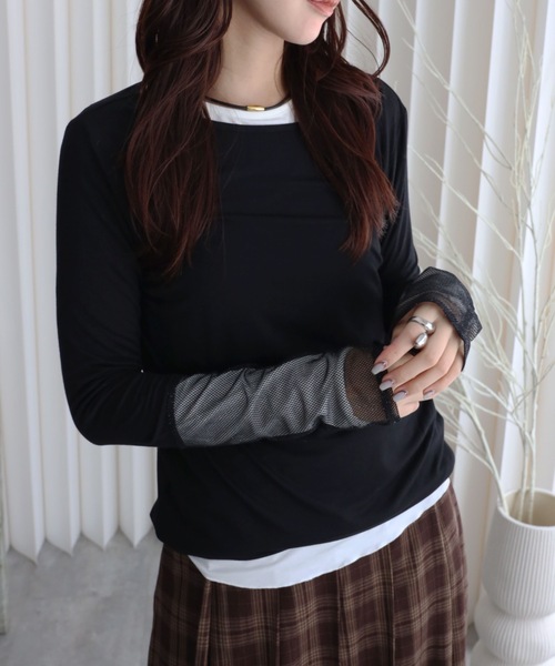 YENNA（イェンナ）の「【ロングスリーブTシャツ/メッシュ切替ロングTシャツ】選べる袖口（Tシャツ/カットソー・レディース・ブラック/ブラック系その他/ホワイト/ホワイト系その他・FREE）」の10枚目の写真
