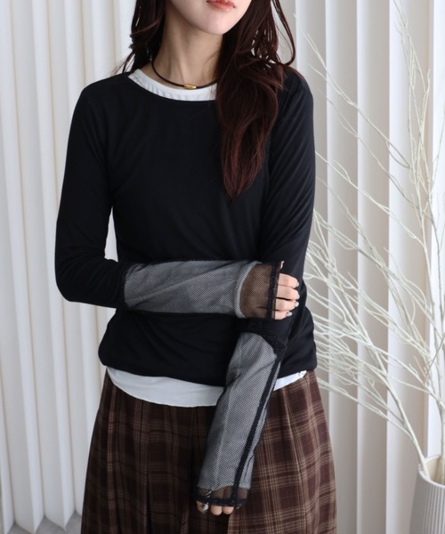 YENNA（イェンナ）の「【ロングスリーブTシャツ/メッシュ切替ロングTシャツ】選べる袖口（Tシャツ/カットソー・レディース・ブラック/ブラック系その他/ホワイト/ホワイト系その他・FREE）」の12枚目の写真