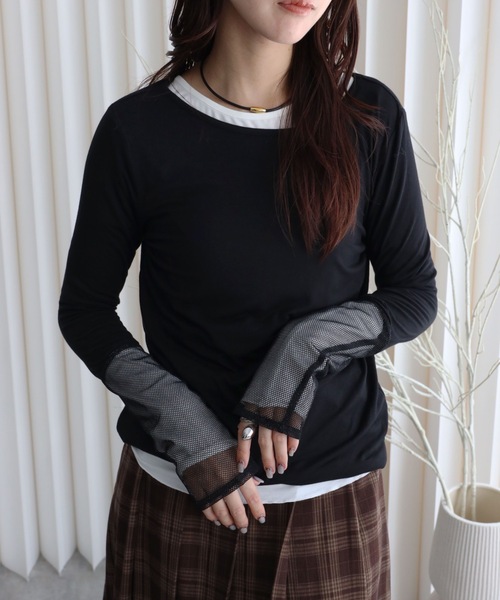 YENNA（イェンナ）の「【ロングスリーブTシャツ/メッシュ切替ロングTシャツ】選べる袖口（Tシャツ/カットソー・レディース・ブラック/ブラック系その他/ホワイト/ホワイト系その他・FREE）」の13枚目の写真