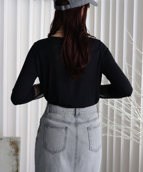 YENNA（イェンナ）の「【ロングスリーブTシャツ/メッシュ切替ロングTシャツ】選べる袖口（Tシャツ/カットソー・レディース・ブラック/ブラック系その他/ホワイト/ホワイト系その他・FREE）」の5枚目の写真