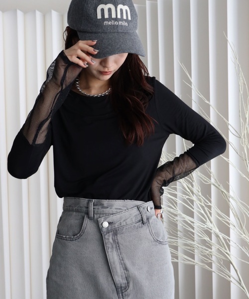 YENNA（イェンナ）の「【ロングスリーブTシャツ/メッシュ切替ロングTシャツ】選べる袖口（Tシャツ/カットソー・レディース・ブラック/ブラック系その他/ホワイト/ホワイト系その他・FREE）」の8枚目の写真