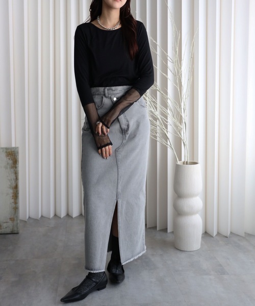 YENNA（イェンナ）の「【ロングスリーブTシャツ/メッシュ切替ロングTシャツ】選べる袖口（Tシャツ/カットソー・レディース・ブラック/ブラック系その他/ホワイト/ホワイト系その他・FREE）」の9枚目の写真