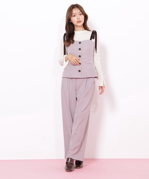セットジルバイ 細リボンパイピングビスチェ 前釦タックワイドパンツ