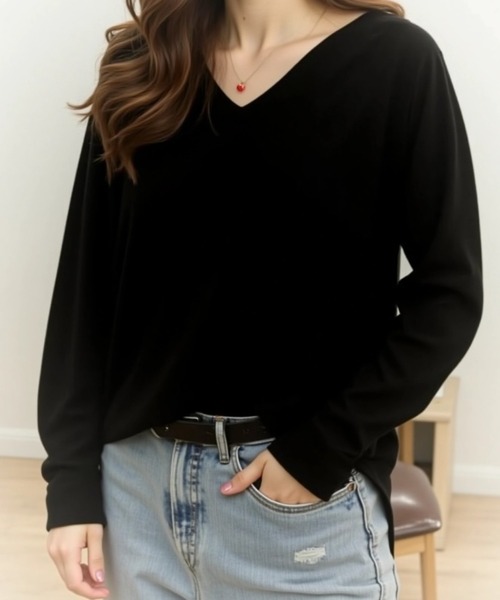 cammie（キャミー）の「Ｖネックユッタリベーシックニットトップス（ニット/セーター・レディース・ネイビー/イエロー/ホワイト/ブラック/グレー・FREE）」の10枚目の写真