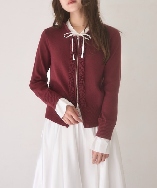 mellowneon（メロウネオン）の「2wayレイヤードフリルジップニット（ニット/セーター・レディース・ネイビー/ボルドー/チャコールグレー・FREE）」の3枚目の写真