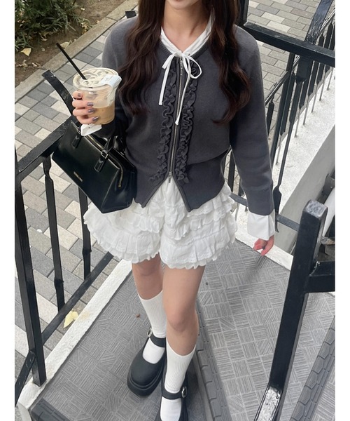 mellowneon（メロウネオン）の「2wayレイヤードフリルジップニット（ニット/セーター・レディース・ネイビー/ボルドー/チャコールグレー・FREE）」の11枚目の写真