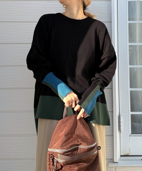 Q（キュー）の「配色リブニット（ニット/セーター・レディース・ブラウン/ブラック/チャコールグレー・MEDIUM）」の2枚目の写真