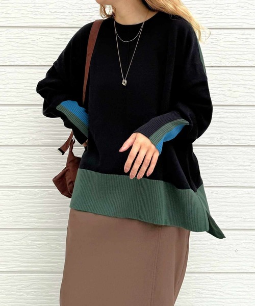 Q（キュー）の「配色リブニット（ニット/セーター・レディース・ブラウン/ブラック/チャコールグレー・MEDIUM）」の8枚目の写真