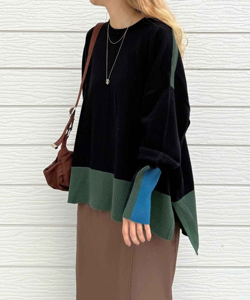 Q（キュー）の「配色リブニット（ニット/セーター・レディース・ブラウン/ブラック/チャコールグレー・MEDIUM）」の9枚目の写真