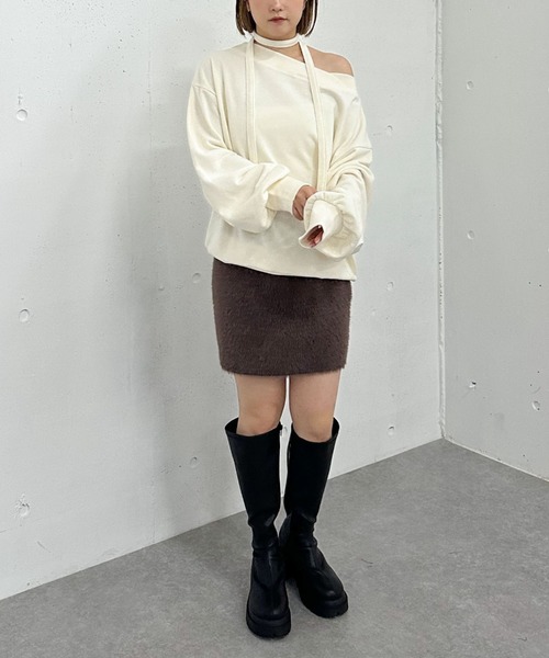 セール】【SETUP対応】ダブルフェイスフェザーニットミニスカート