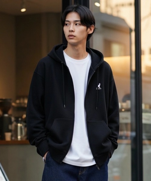 KANGOL(カンゴール)の「KANGOL/カンゴール Lazar別注 オーバーサイズ 裏毛 ロゴ ワンポイント刺繍 スウェット ジップアップパーカー/長袖 トップス フルジップパーカー/レディース メンズ(パーカー・メンズ・ブラック/アッシュグレー/グレー・M/L/XL)」の2枚目の写真