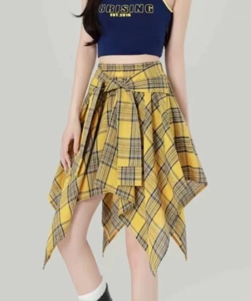 セール】チェック柄 アシンメトリーヘムスカート（スカート）｜ampm