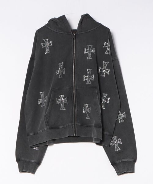 Unknown London アウノウンジップパーカーブラックM地雷系パーカー フーディー｜BLACKxPURPLE RHINESTONE CROSS ZIP HOODIE｜Unknown