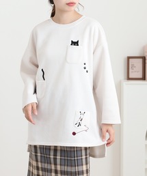 多ポケット刺繍七分袖プルオーバー いろいろネコ