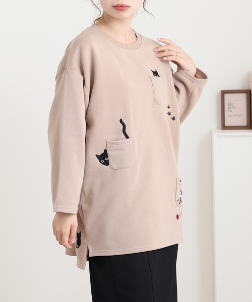 Quelle Chance(ケルシャンス)の「多ポケット刺繍七分袖プルオーバー いろいろネコ(Tシャツ/カットソー・レディース・キナリ/モカ/チャコールグレー・M/L)」の2枚目の写真