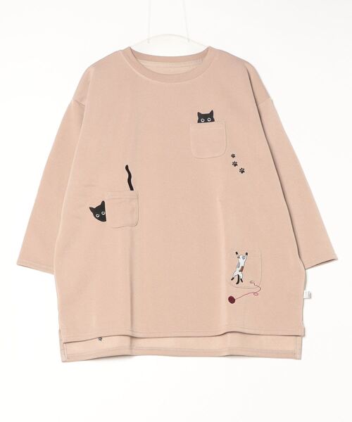 Quelle Chance(ケルシャンス)の「多ポケット刺繍七分袖プルオーバー いろいろネコ(Tシャツ/カットソー・レディース・キナリ/モカ/チャコールグレー・M/L)」の4枚目の写真