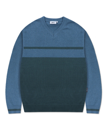 XTONZ（エクストーンズ）の「XTK175 Border V-Neck Pullover Knit (BLUE)（ニット/セーター・メンズ）」