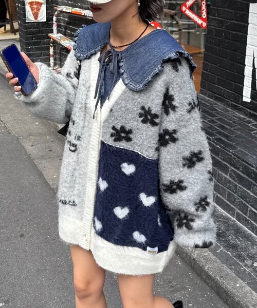 HELLO.SANFRANCISCO(ハローサンフランシスコ)の「★【HELLO.SANFRANCISCO/ハローサンフランシスコ】ジャガードッドッキングハート釦カーデ(カーディガン/ボレロ・レディース・ピンク/パープル/オフホワイト・ONE SIZE)」の4枚目の写真